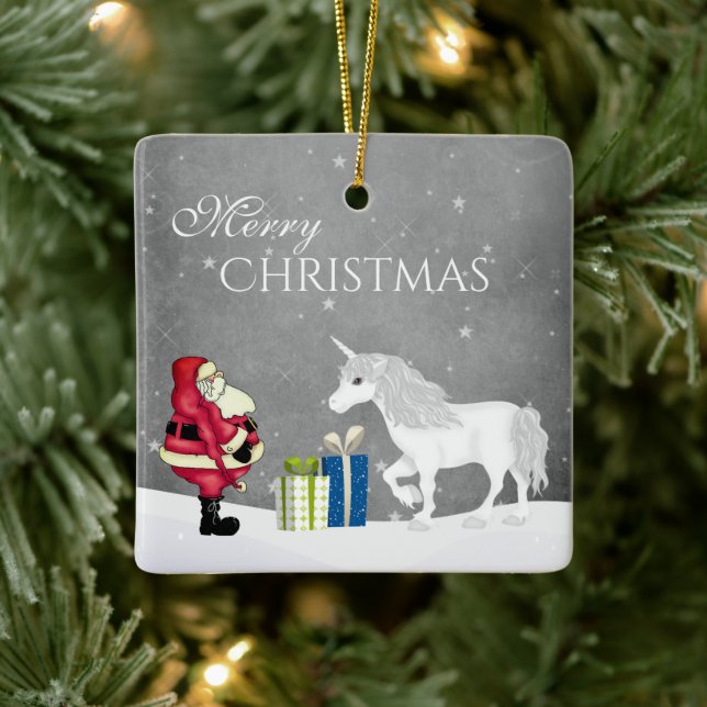 Personalized Santa and Unicorn Merry Christmas Ceramic Ornament (Tree)