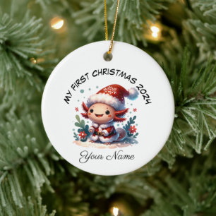 Personalized Santa Axolotl First Christmas Ceramic Ornament
