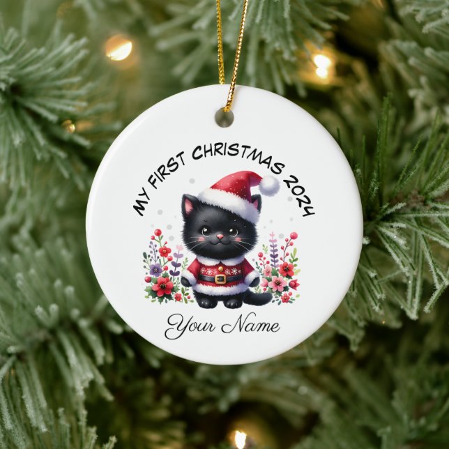 Personalized Santa Black Kitten First Christmas Ceramic Ornament (Tree)