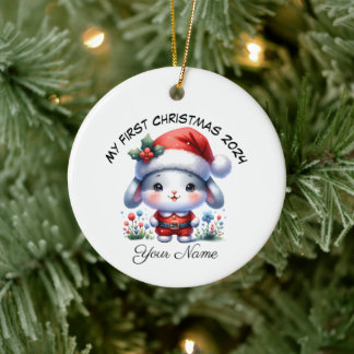 Personalized Santa Bunny First Christmas Ceramic Ornament