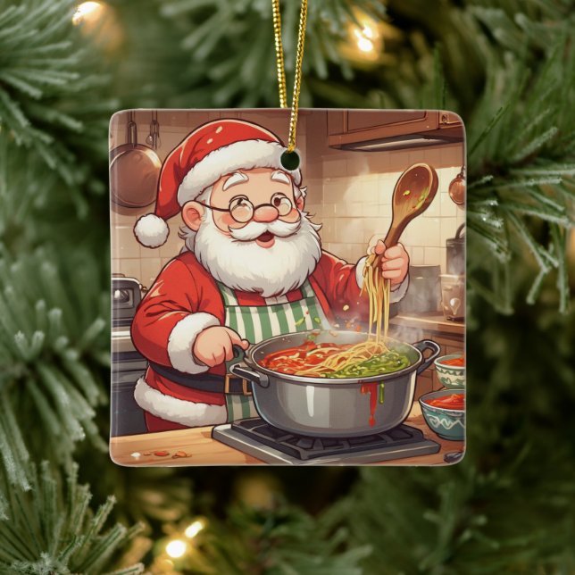 Personalized Santa Chef Pasta Night Ceramic Ornament (Tree)
