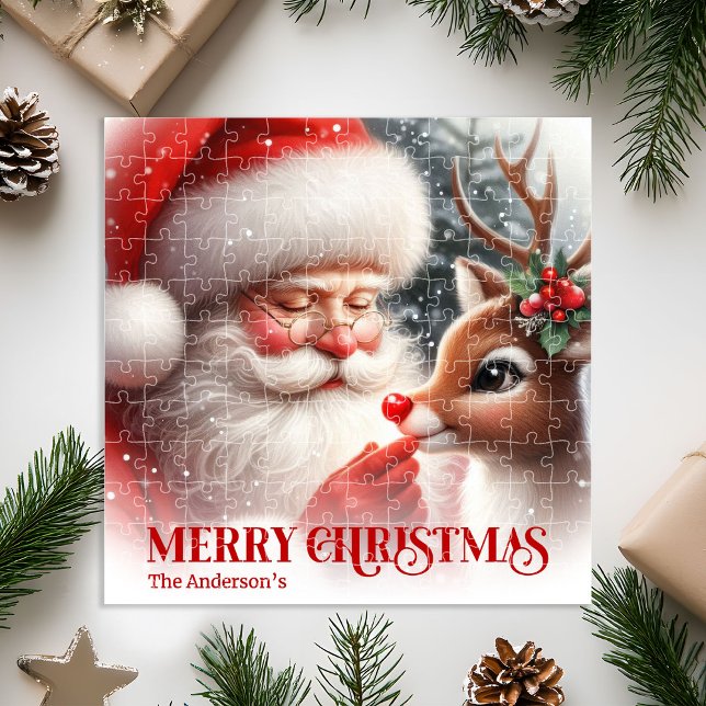 Personalized Santa Claus and Rudolph Festive Gift Jigsaw Puzzle (Personalized Santa Claus and Rudolph Festive Puzzle)