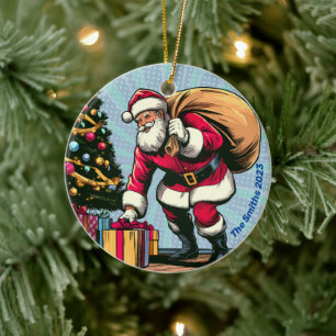 Personalized Santa Claus Delivering Gifts Ceramic Ornament