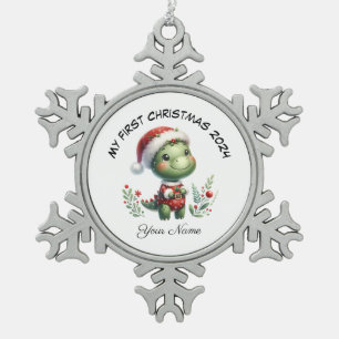 Personalized Santa Dinosaur First Christmas Snowflake Pewter Christmas Ornament