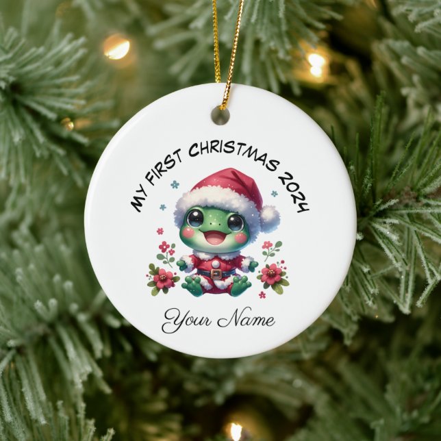 Personalized Santa Frog First Christmas Ceramic Ornament (Tree)