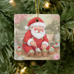 Personalized Santa Gardener Succulent Christmas Ceramic Ornament