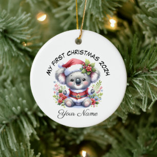 Personalized Santa Koala Bear First Christmas Ceramic Ornament