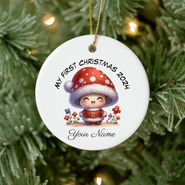 Personalized Santa Mushroom First Christmas Ceramic Ornament (Tree)