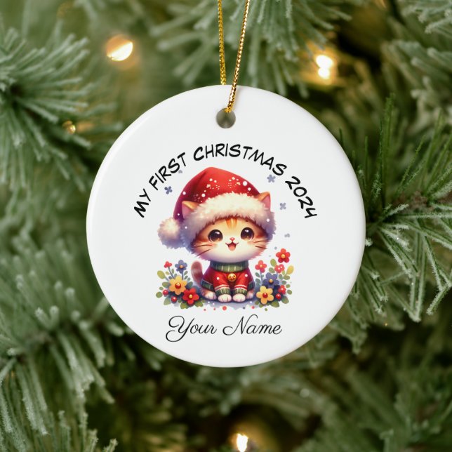 Personalized Santa Orange Kitten First Christmas Ceramic Ornament (Tree)