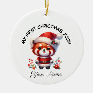 Personalized Santa Red Panda Bear First Christmas Ceramic Ornament