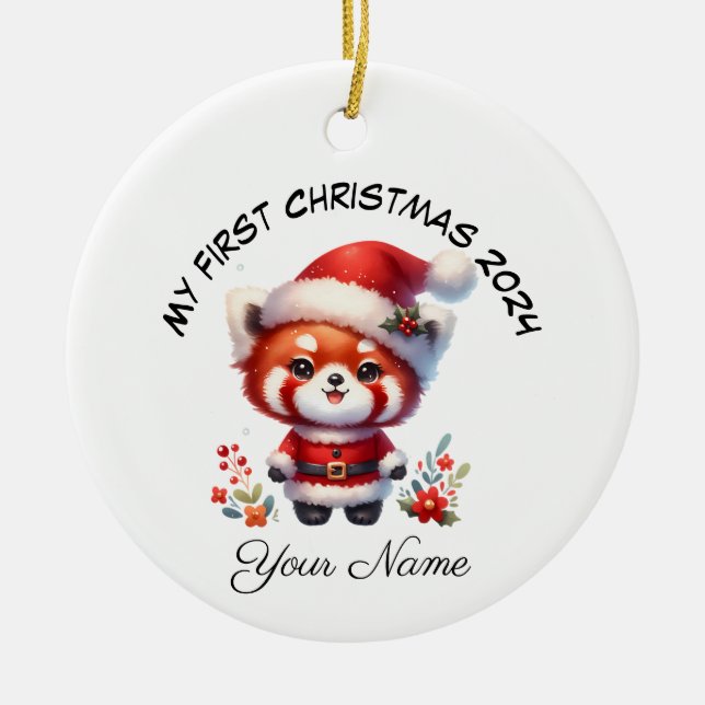 Personalized Santa Red Panda Bear First Christmas Ceramic Ornament (Front)
