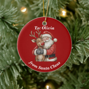 Personalized Santa & Reindeer Hug Christmas Ceramic Ornament
