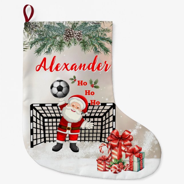 Personalized Santa Soccer Christmas Santa Soccer Large Christmas Stocking (Front)