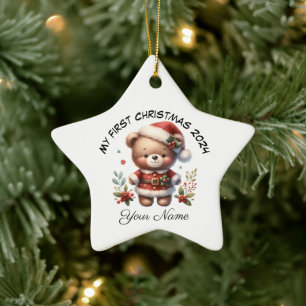 Personalized Santa Teddy Bear First Christmas Ceramic Ornament