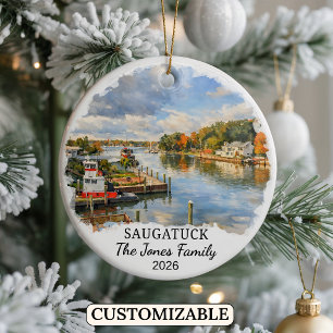 Personalized Saugatuck Ornament, Custom Michigan Ceramic Ornament