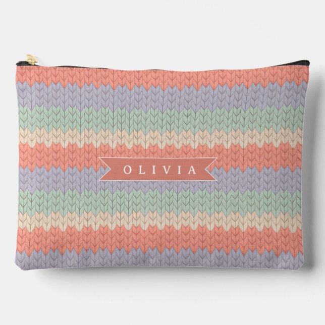 Personalized Scandinavian Pastel Knit Pattern Name Accessory Pouch (Front)