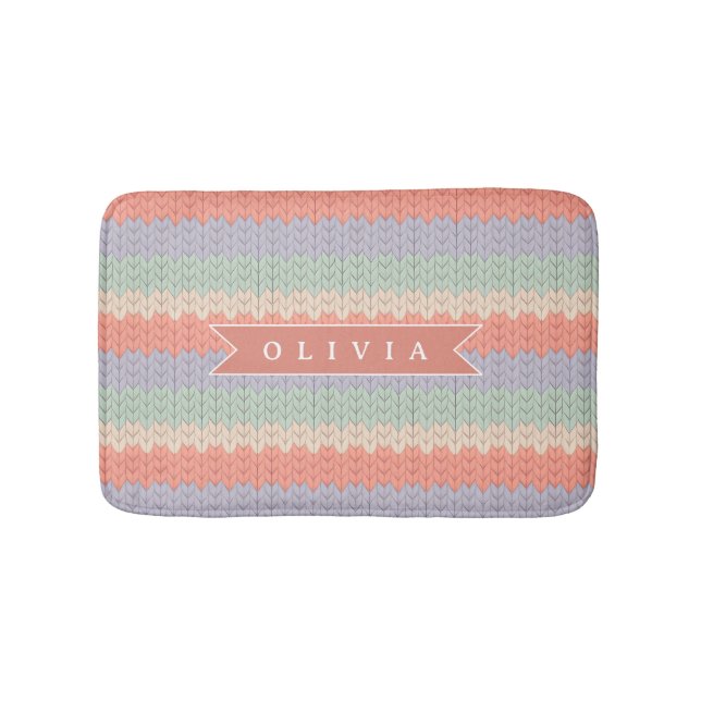 Personalized Scandinavian Pastel Knit Pattern Name Bath Mat (Front)