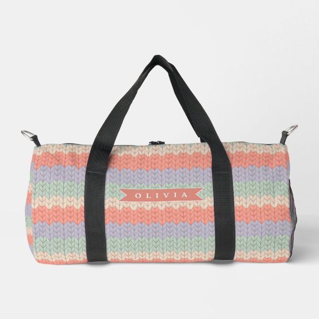 Personalized Scandinavian Pastel Knit Pattern Name Duffle Bag (Front)