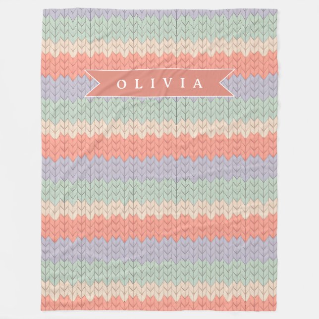 Personalized Scandinavian Pastel Knit Pattern Name Fleece Blanket (Front)