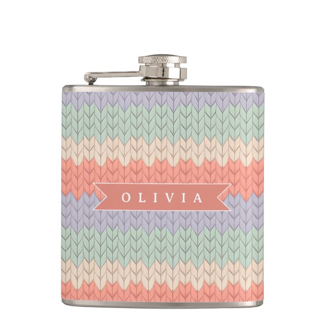 Personalized Scandinavian Pastel Knit Pattern Name Hip Flask (Front)