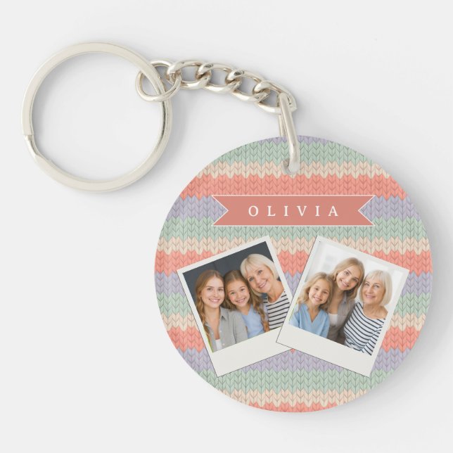Personalized Scandinavian Pastel Knit Pattern Name Key Ring (Front)