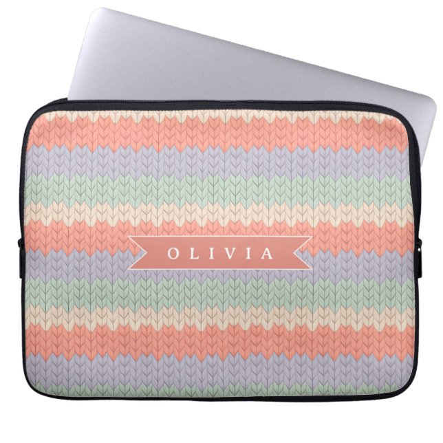 Personalized Scandinavian Pastel Knit Pattern Name Laptop Sleeve (Front)
