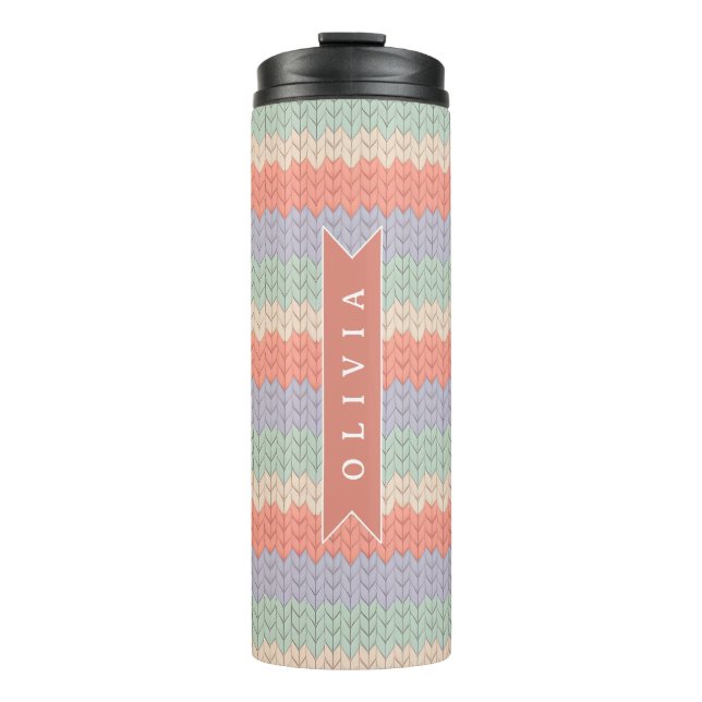 Personalized Scandinavian Pastel Knit Pattern Name Thermal Tumbler (Front)