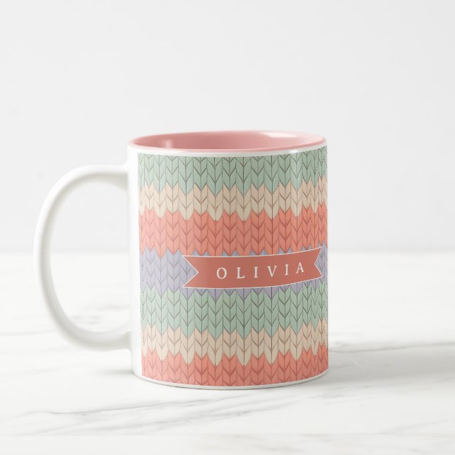Personalized Scandinavian Pastel Knit Pattern Name Two-Tone Coffee Mug (Left)