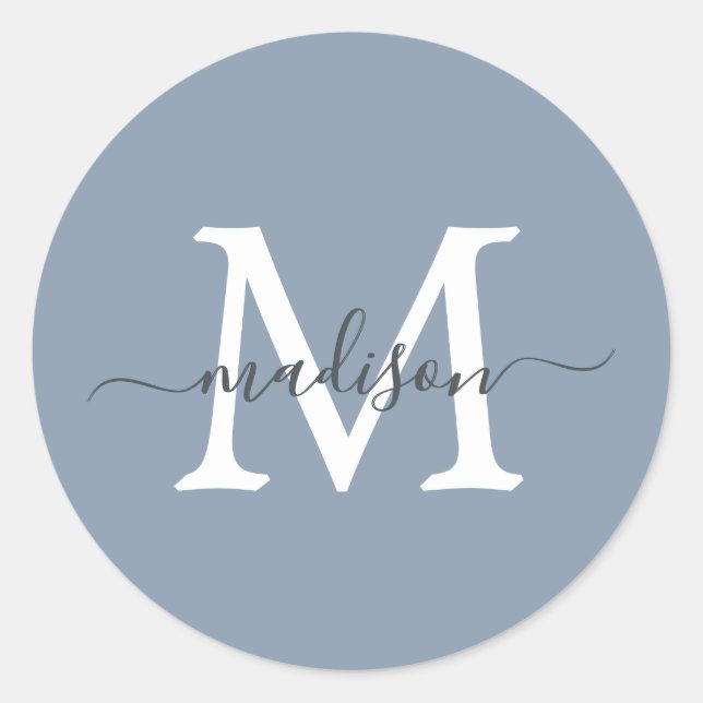 Personalized Script Name Monogram Dusty Blue Classic Round Sticker (Front)