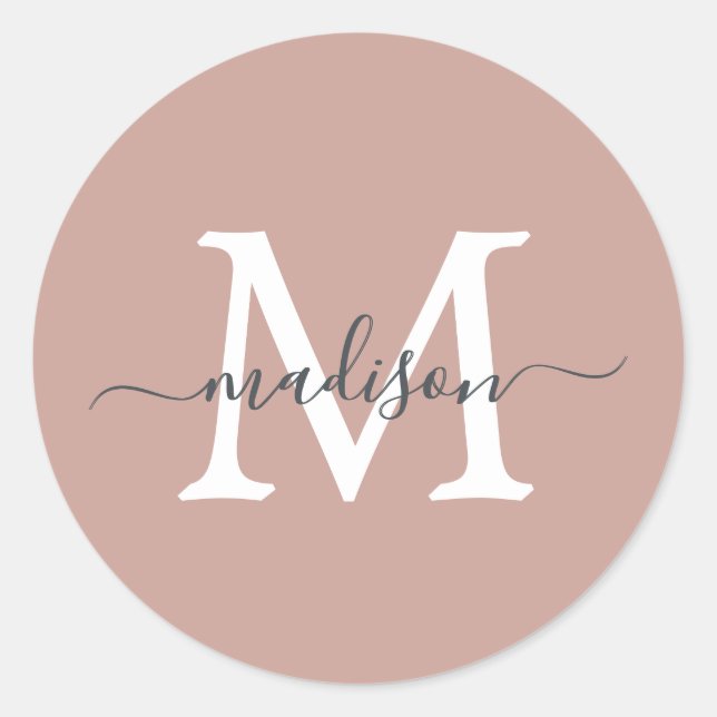 Personalized Script Name Monogram Dusty Rose Classic Round Sticker (Front)