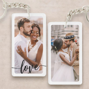Personalized Script Two Photo Text Double Sided Key Ring