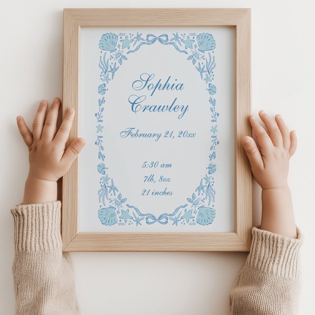 Personalized Seashells Ribbon Birth Info Poster (Personalized Seashells Ribbon Birth Info Poster Coastal Blue)