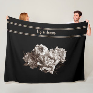 Personalized Sepia Peonies Large Size Black Fleece Blanket