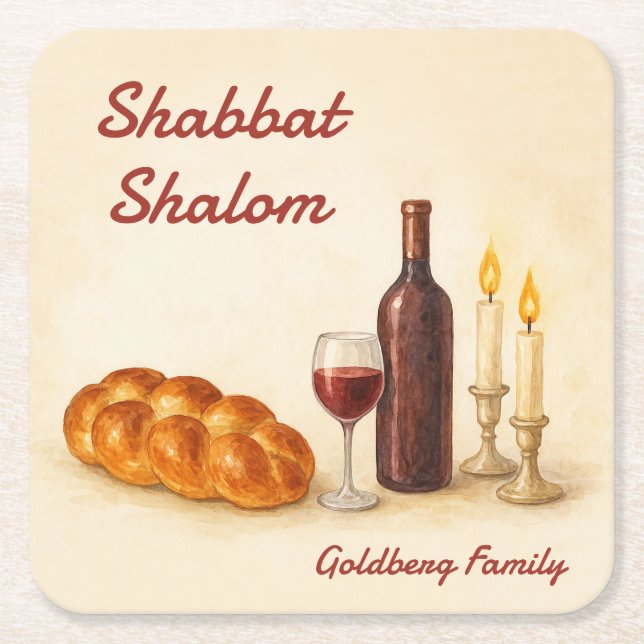 Personalized Shabbat Shalom Watercolor Coaster  (Front)
