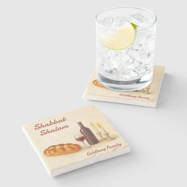 Personalized Shabbat Shalom Watercolor Coaster  (Side)