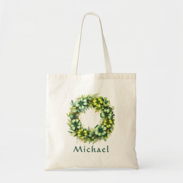 Personalized Shamrock Wreath Botanical Tote Bag (Front)