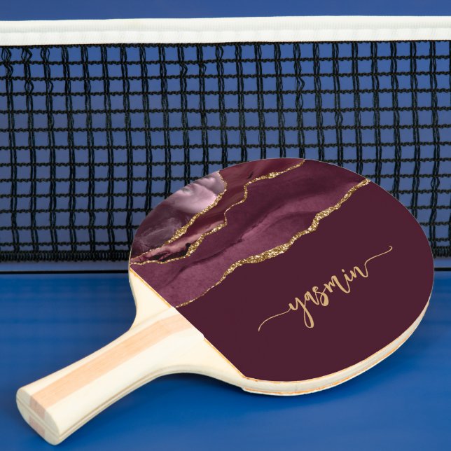 Personalized Signature Burgundy Gold Agate Ping Pong Paddle (Insitu)