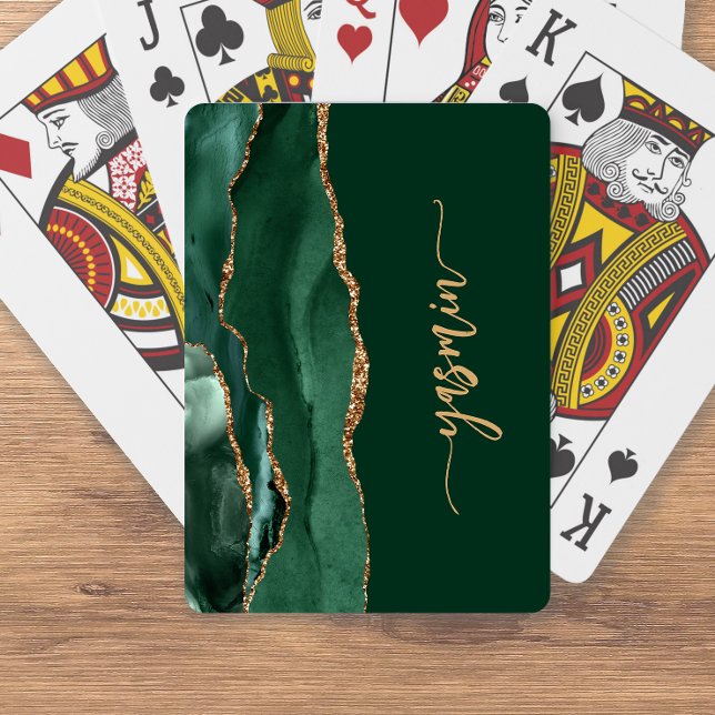 Personalized Signature Emerald Green Gold Agate Playing Cards (Creator Uploaded)