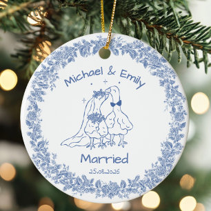 Personalized Silly Goose Married Cute Blue Wedding Ceramic Ornament