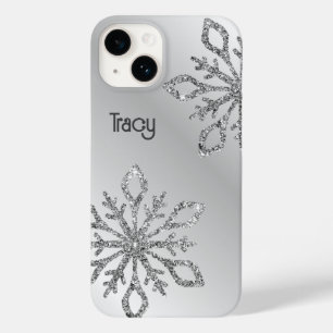 Personalized Silver Glitter Snowflakes on Silver  Case-Mate iPhone 14 Case