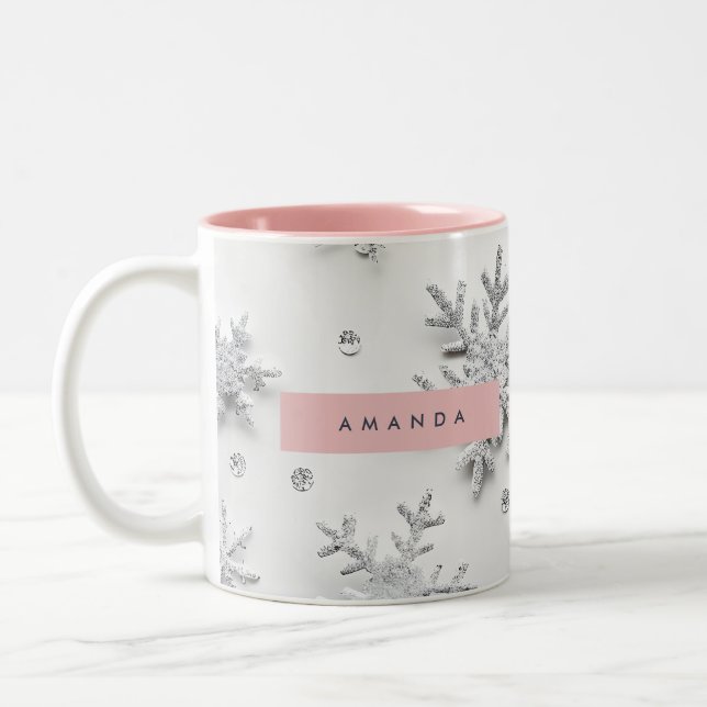 Personalized Silver Snowflake & Winter White Two-Tone Coffee Mug (Left)