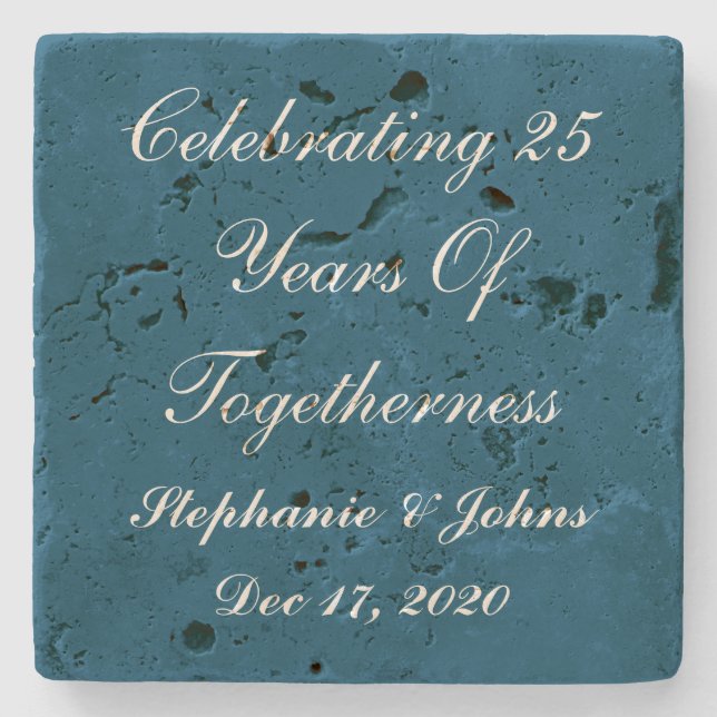 Personalized Silver Wedding Anniversary Blue White Stone Coaster (Front)