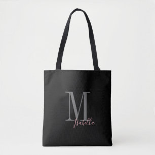 Personalized simple black pink name and monogram tote bag