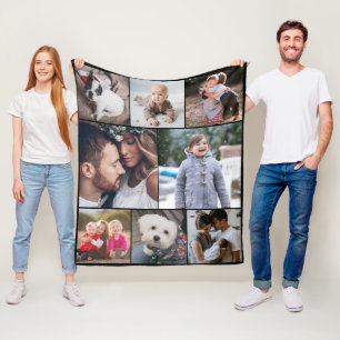 Personalized Simple Modern 8 Photo Collage Black Fleece Blanket