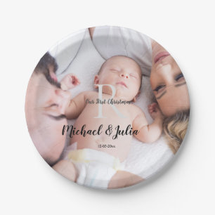 personalized simple monogram name first christmas paper plate