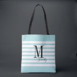 Personalized simple name and monogram beach tote bag<br><div class="desc">Elegant Modern Personalized monogram and name on aqua blue and white stripes background,  simple and stylish. great personalized beach tote bag and bridal party gifts at wedding party,  bridal shower or bachelorette party.  Customize the background color with your choice.</div>