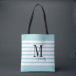 Personalized simple name and monogram beach tote bag<br><div class="desc">Elegant Modern Personalized monogram and name on aqua blue and white stripes background,  simple and stylish. great personalized beach tote bag and bridal party gifts at wedding party,  bridal shower or bachelorette party.  Customize the background color with your choice.</div>