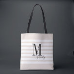 Personalized simple name and monogram beach tote bag<br><div class="desc">Elegant Modern Personalized monogram and name on beige and white stripes background,  simple and stylish. great personalized beach tote bag and bridal party gifts at wedding party,  bridal shower or bachelorette party.  Customize the background color with your choice.</div>