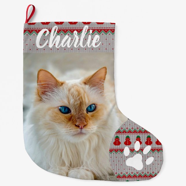 Personalized Simple Paw Pet Photo Monogram Name Large Christmas Stocking (Front)