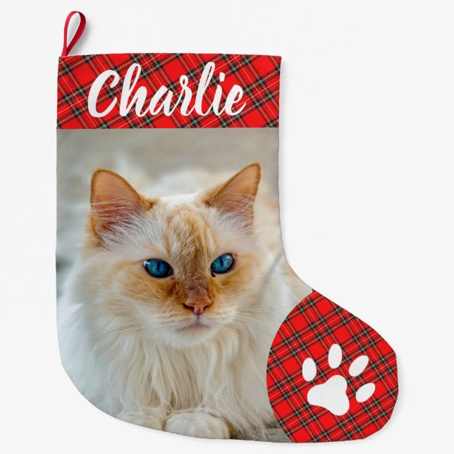 Personalized Simple Paw Pet Photo Monogram Name Large Christmas Stocking (Front)